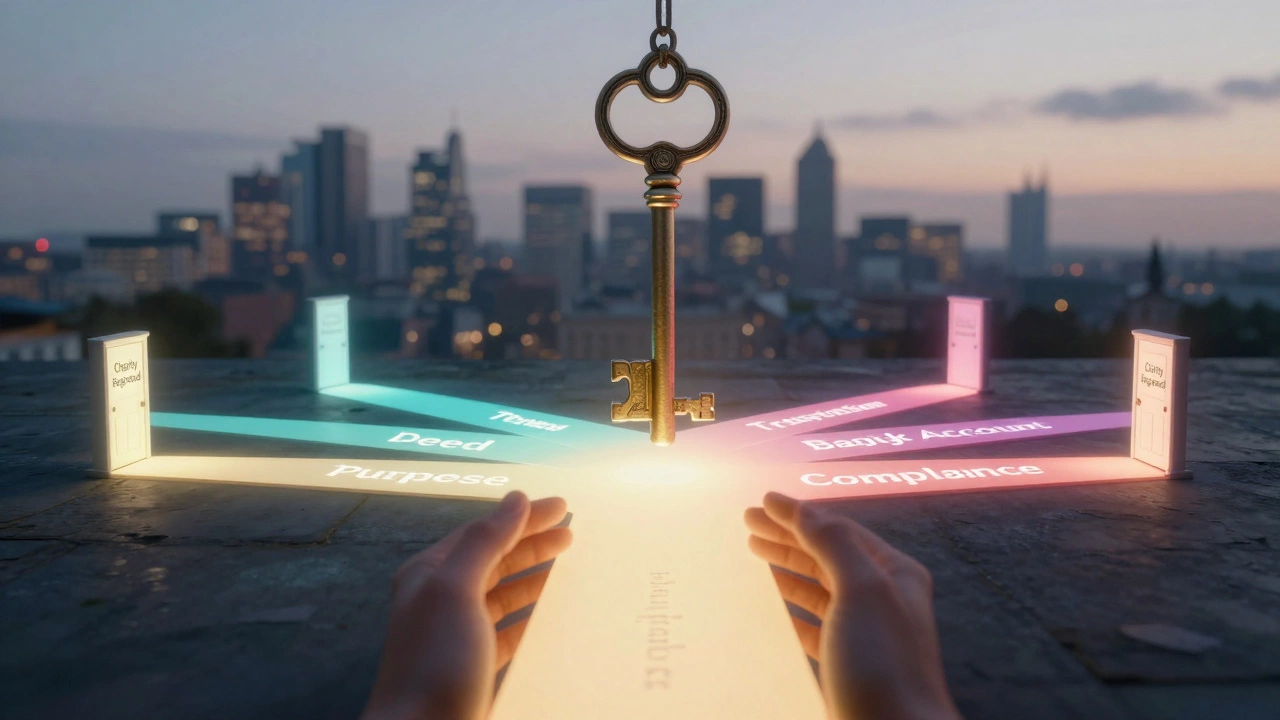 A symbolic key hovering above six glowing paths leading to a registered charity door, under a UK skyline.
