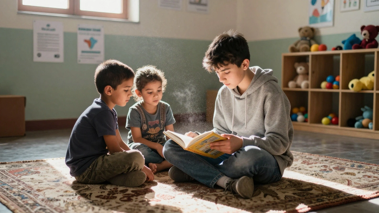 A teenager reading a book to two children in a community center, focused and gentle.