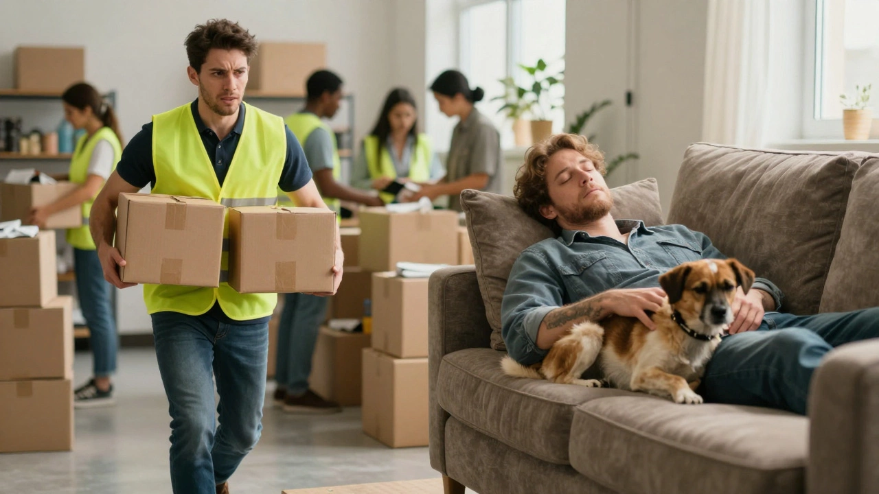 A volunteer rushing through a food bank on one side, resting at home on the other, showing contrast between giving and needing.
