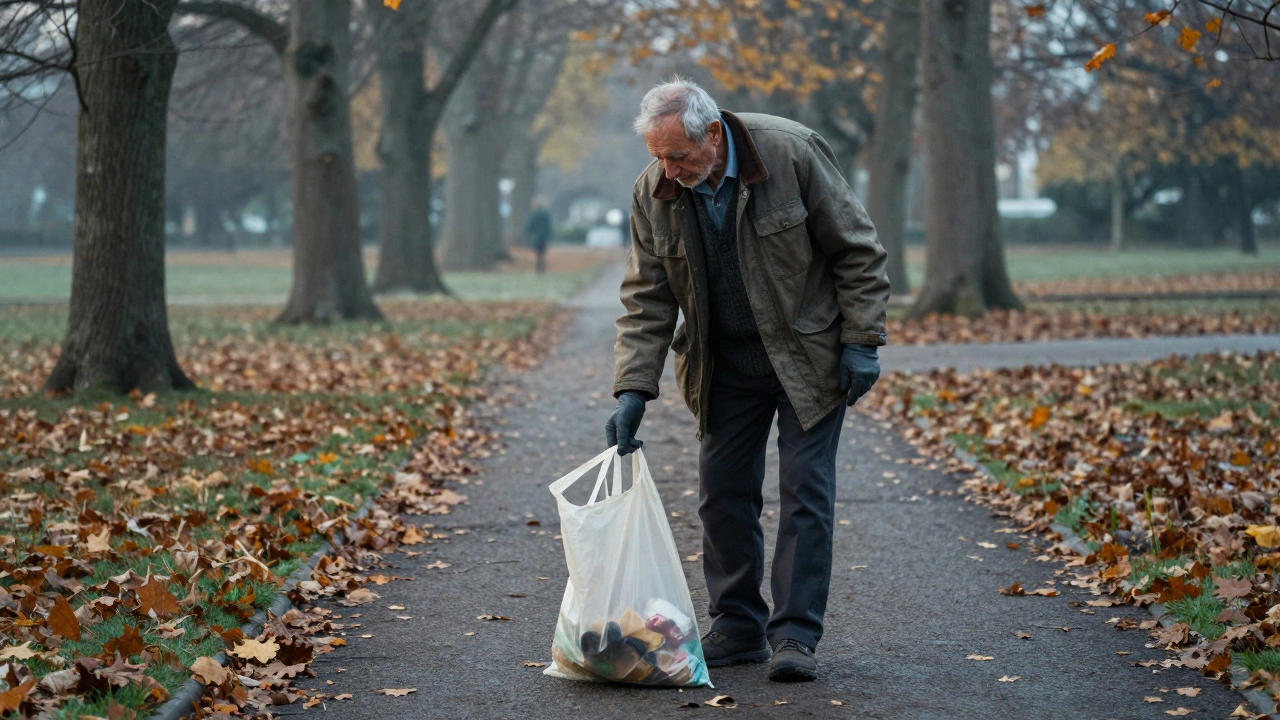 An elderly man picking up trash alone on a park trail, surrounded by autumn leaves.