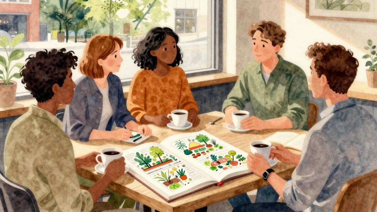 Diverse group discussing community garden plans at a café