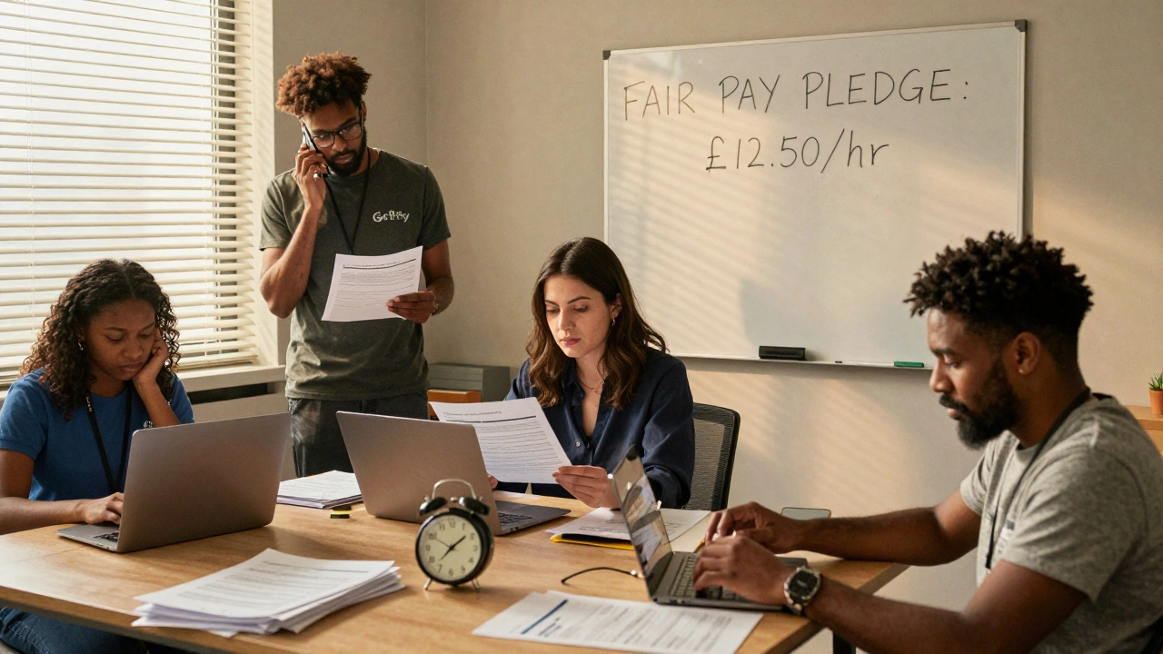 Diverse nonprofit staff working late in a small office, juggling multiple roles under a 'Fair Pay Pledge' sign.