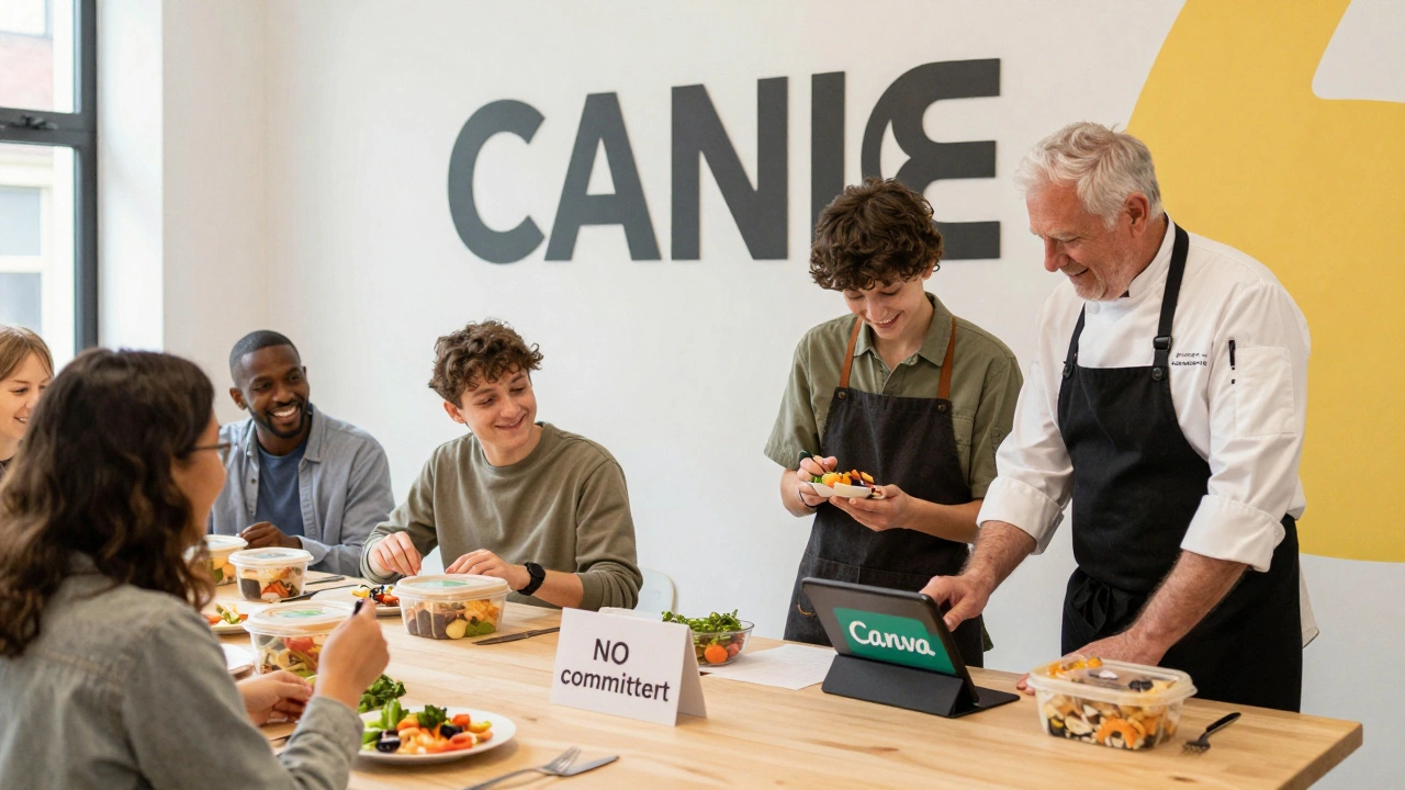 Diverse people collaborate in a flexible volunteer space — skill-sharing and meal prep with no rigid time requirements.