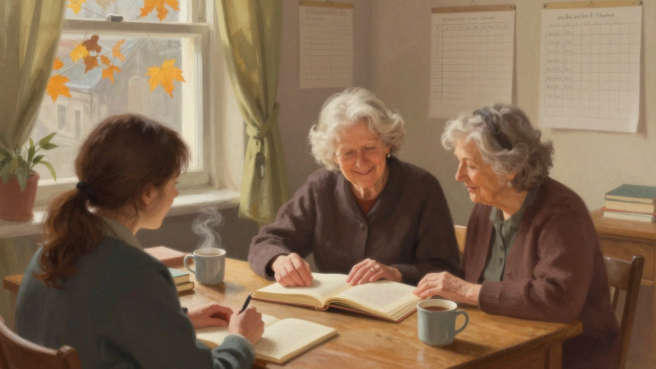 Elderly woman teaching reading to an adult student in a cozy literacy center.