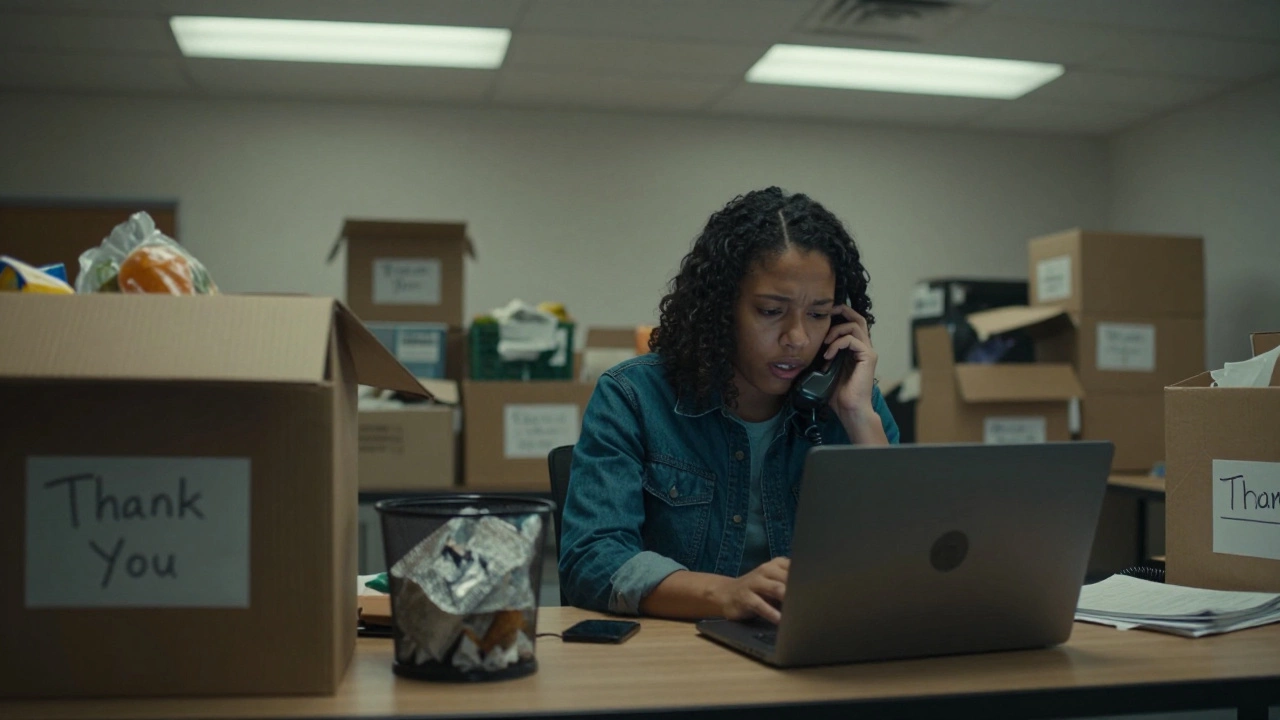 One overwhelmed volunteer manages multiple tasks alone at a cluttered nonprofit desk with no support.