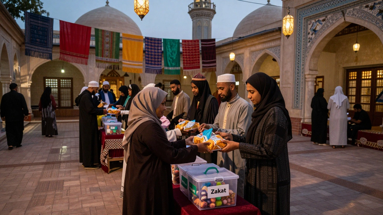 Ramadan donation drive at a UK mosque, distributing food to diverse neighbors.