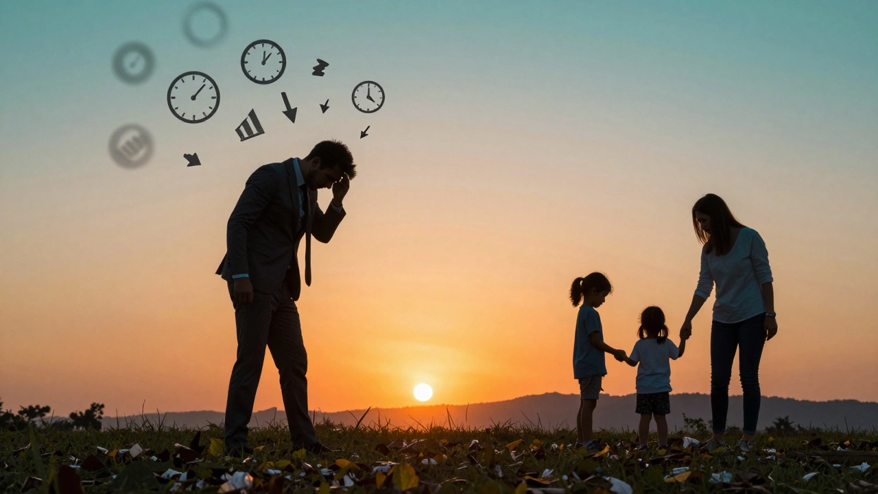 Silhouette of a person transforming from stressed worker to calm volunteer at sunset.