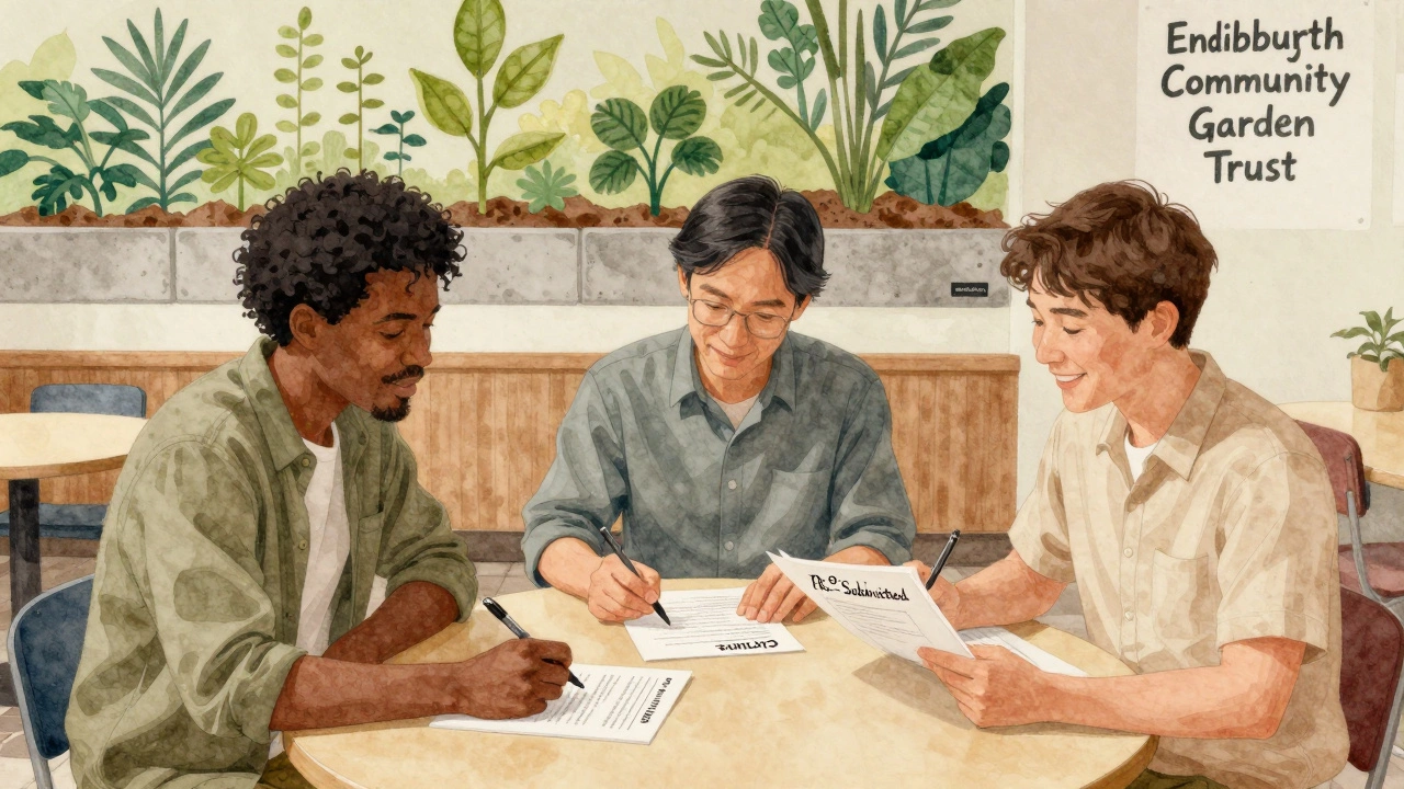 Three diverse people collaborating over a trust deed in a community center, with a garden mural in the background.
