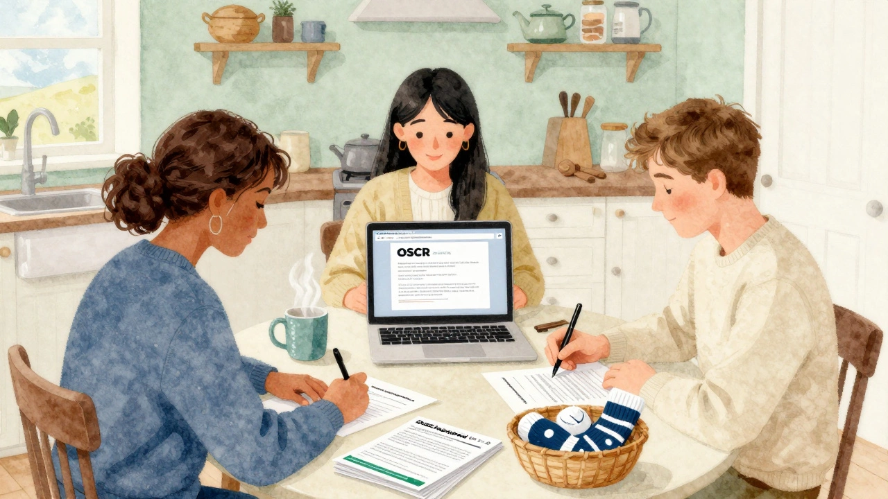 Three people signing a charitable trust constitution at a kitchen table, with donation baskets and a laptop showing OSCR registration.