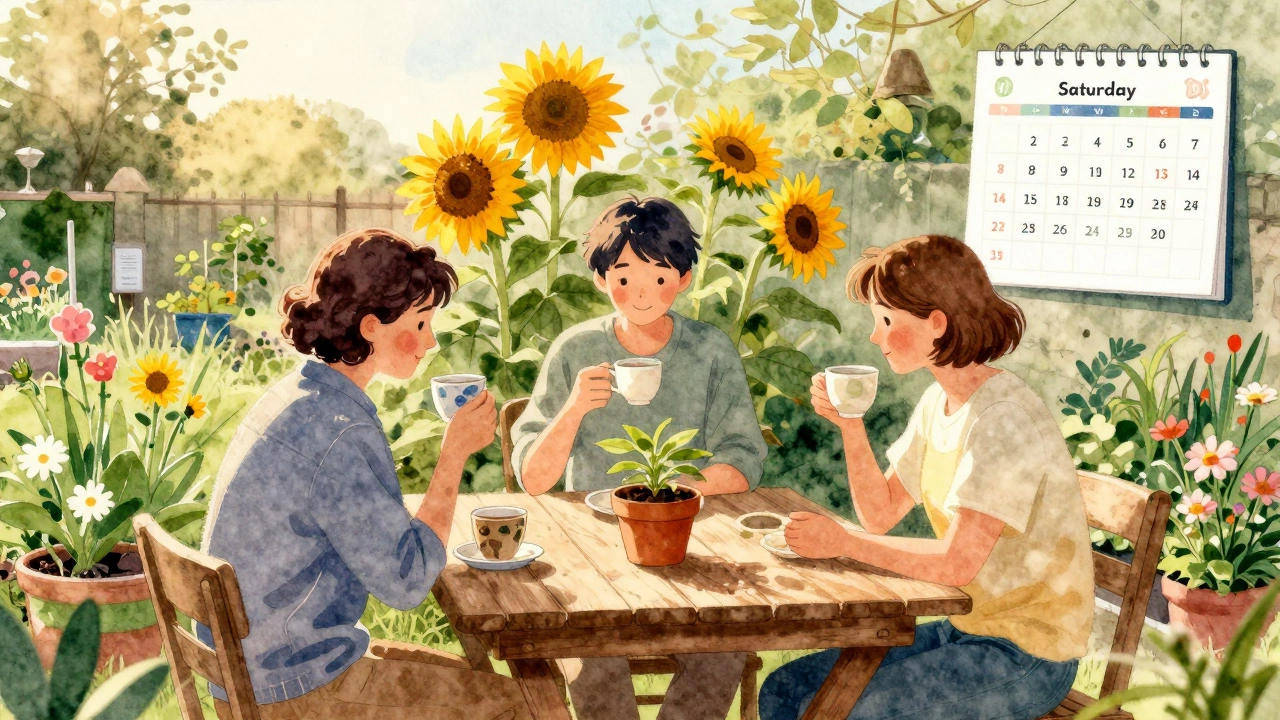 Three volunteers quietly enjoying tea together in a sunlit community garden, no rush, no pressure.