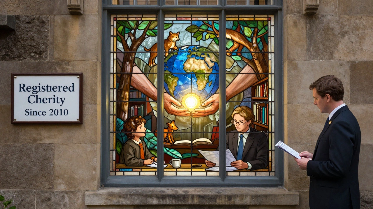 A charitable trust building with stained-glass window showing community impact, overseen by a reviewing trustee.