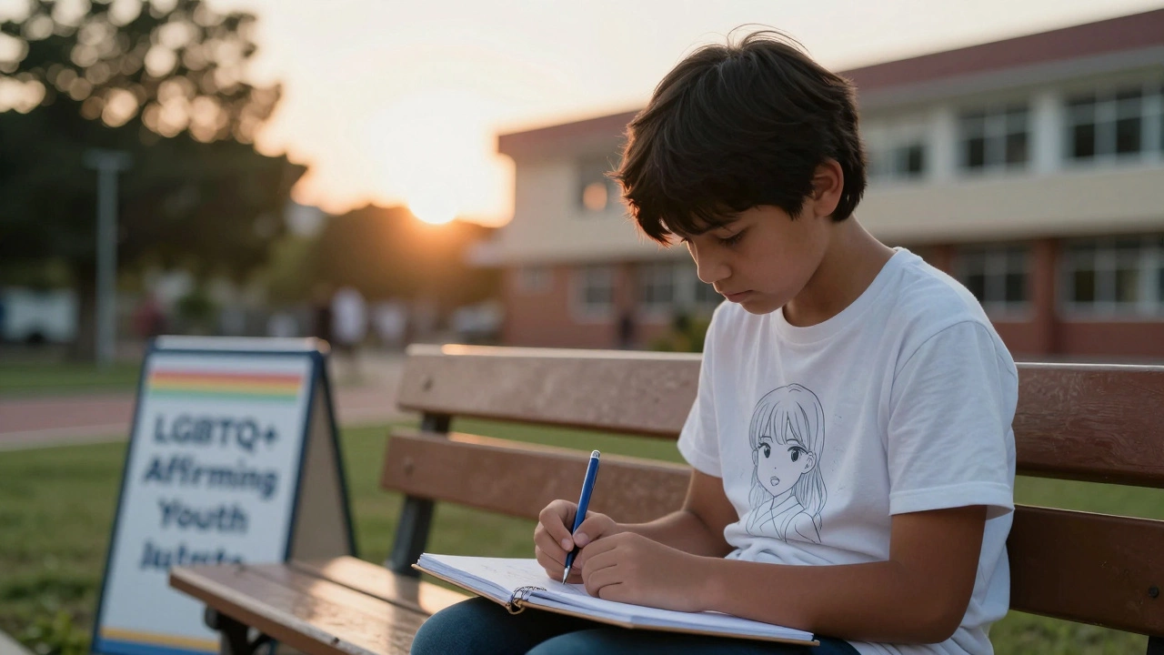 A child drawing anime sketches on a bench at sunset, finding quiet joy alone.