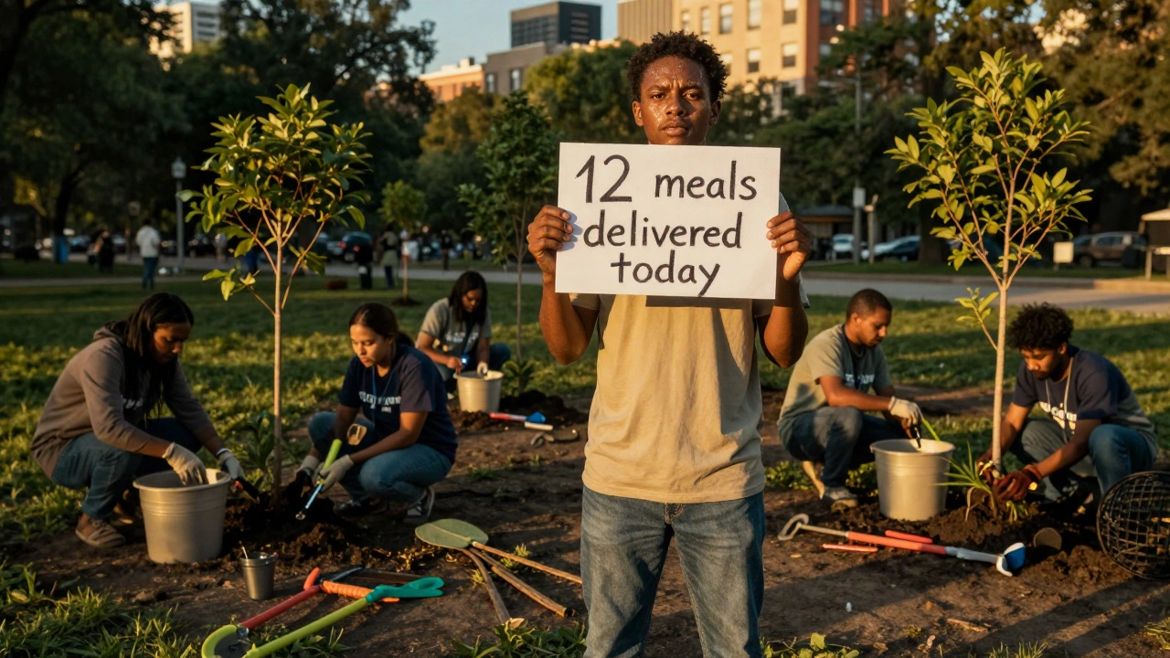 A group of volunteers plant trees in a park at dusk, holding a note about their impact.