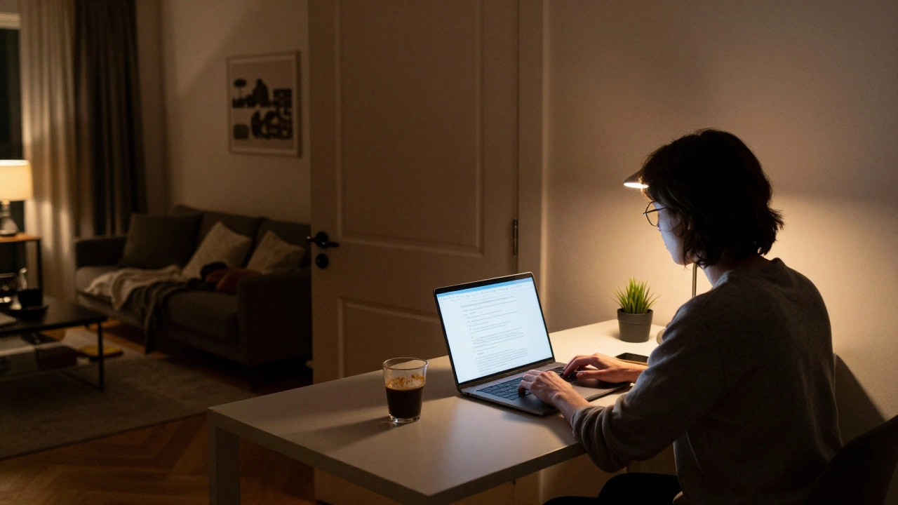 A person working in a home office at night with warm lighting and a closed door.