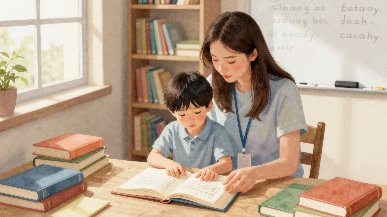 A volunteer helps a child read a book together in a cozy library setting.