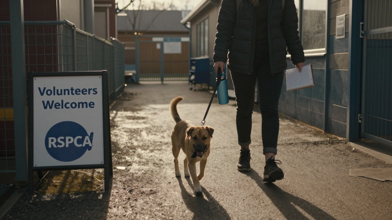 A volunteer walking a dog at an animal shelter during golden hour, with a notebook and water bottle nearby.