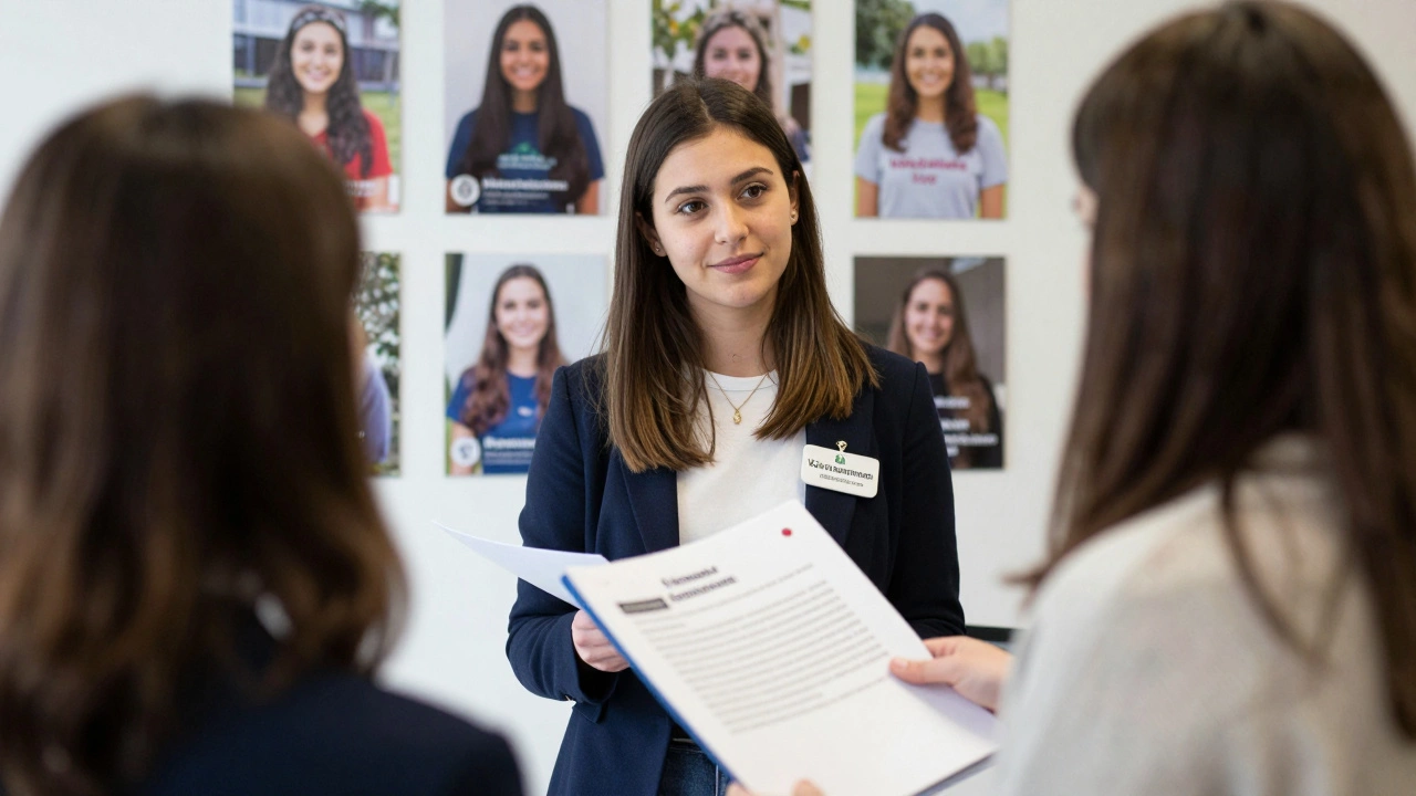 A young woman presenting her volunteer work to a hiring manager, showing earned confidence.
