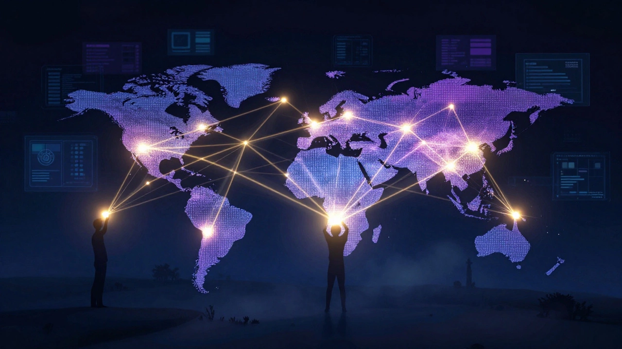Conceptual artwork of glowing network nodes representing global charitable connections