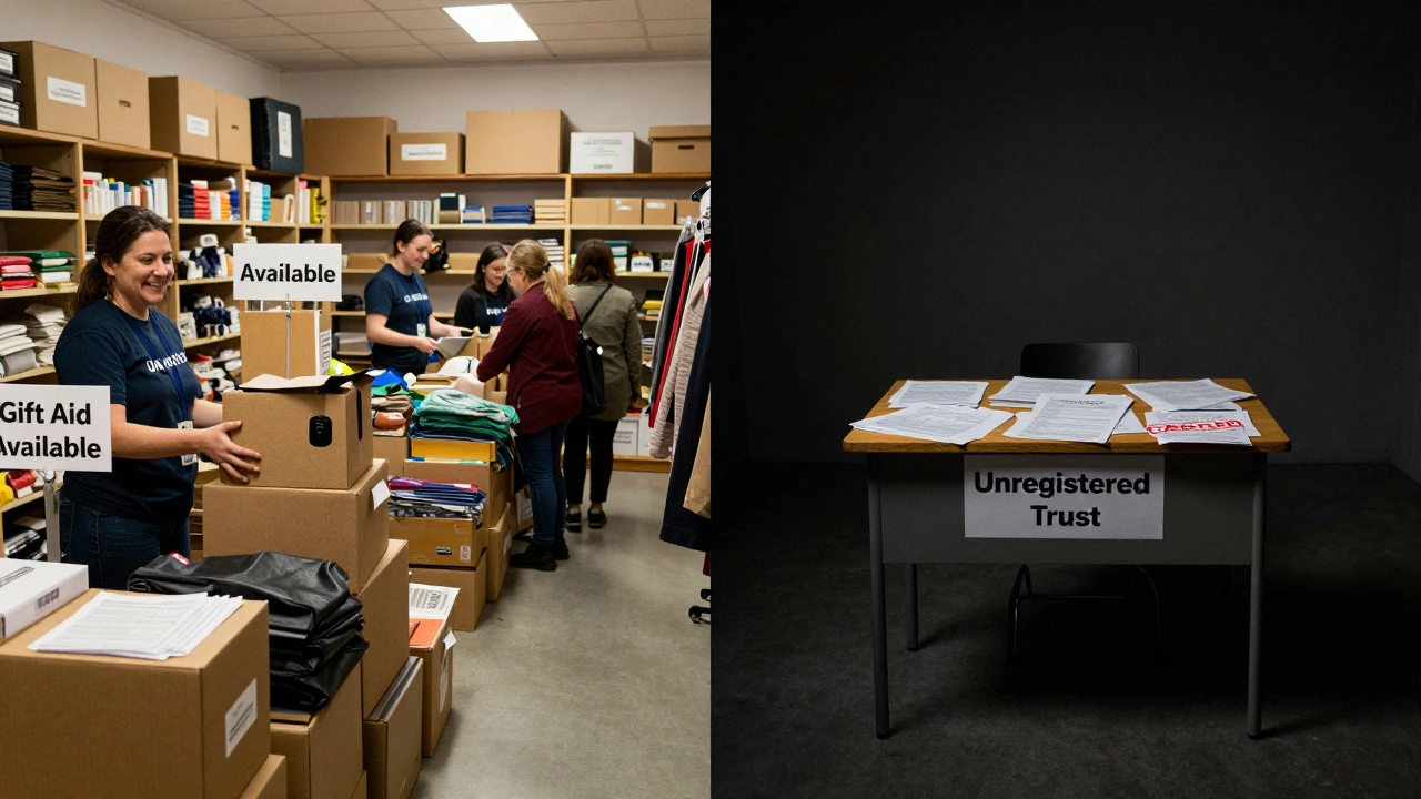Contrast between a vibrant charity shop and an abandoned unregistered trust with tax bills.