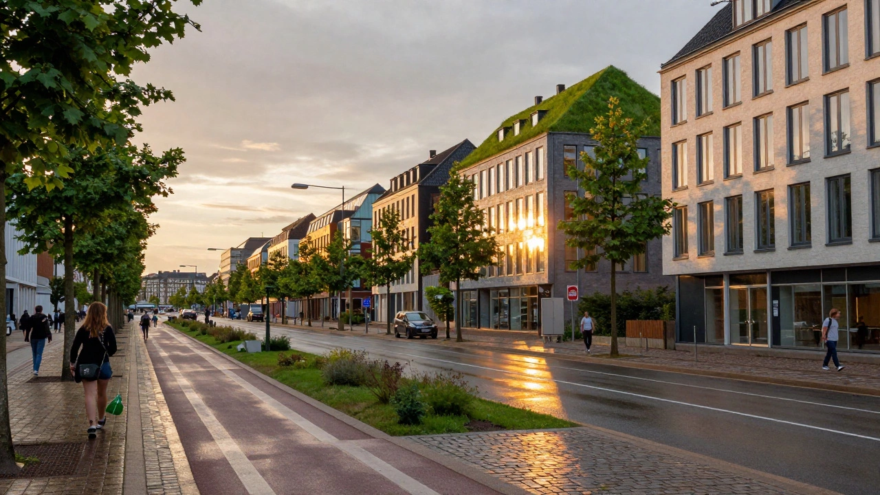 Copenhagen cityscape with green rooftops, bike lanes, and sunset reflections on wet streets.