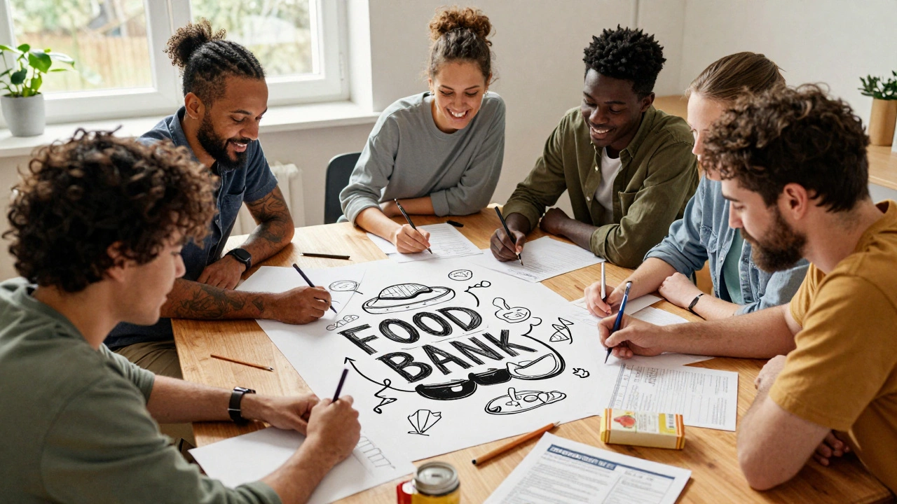 Diverse community members collaboratively design a food bank program around a table filled with food and supplies.