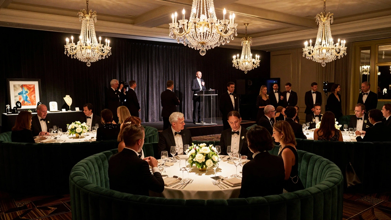 Formal gala dinner fundraiser with guests at round tables under chandeliers