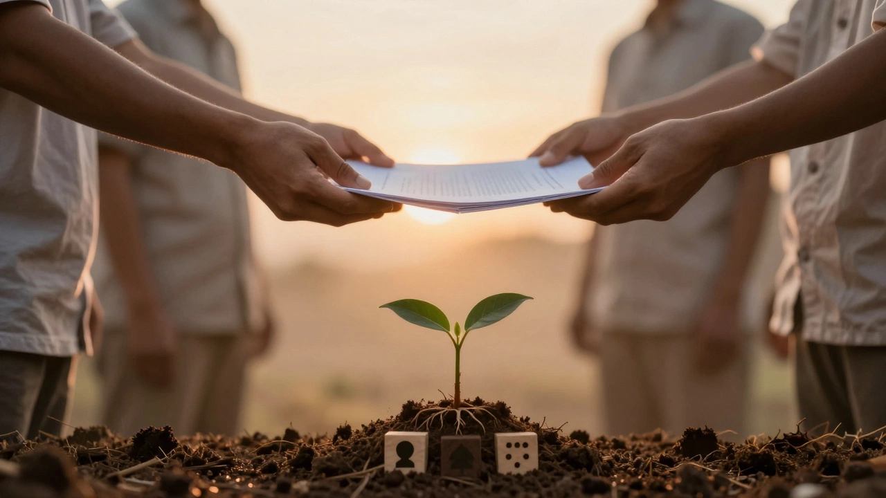 Hands passing documents with sapling representing charitable legacy growth
