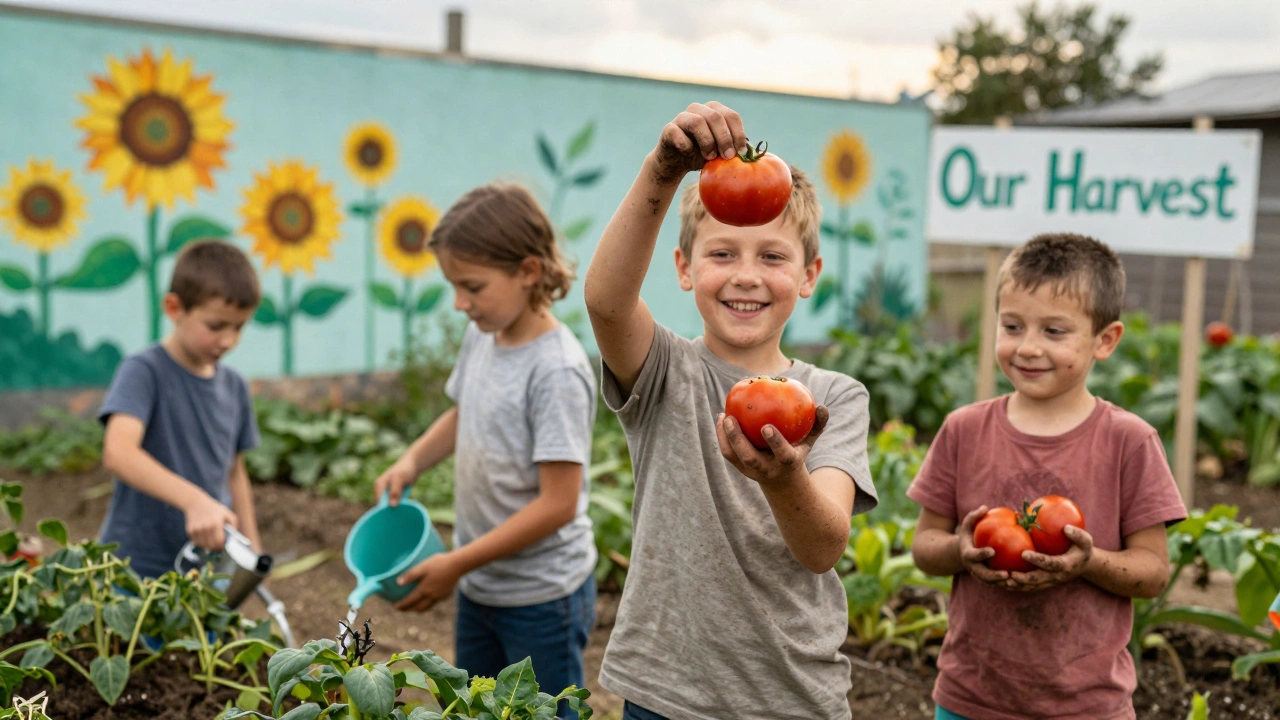 Kids harvesting vegetables in a community garden, smiling with pride and dirt on their hands.