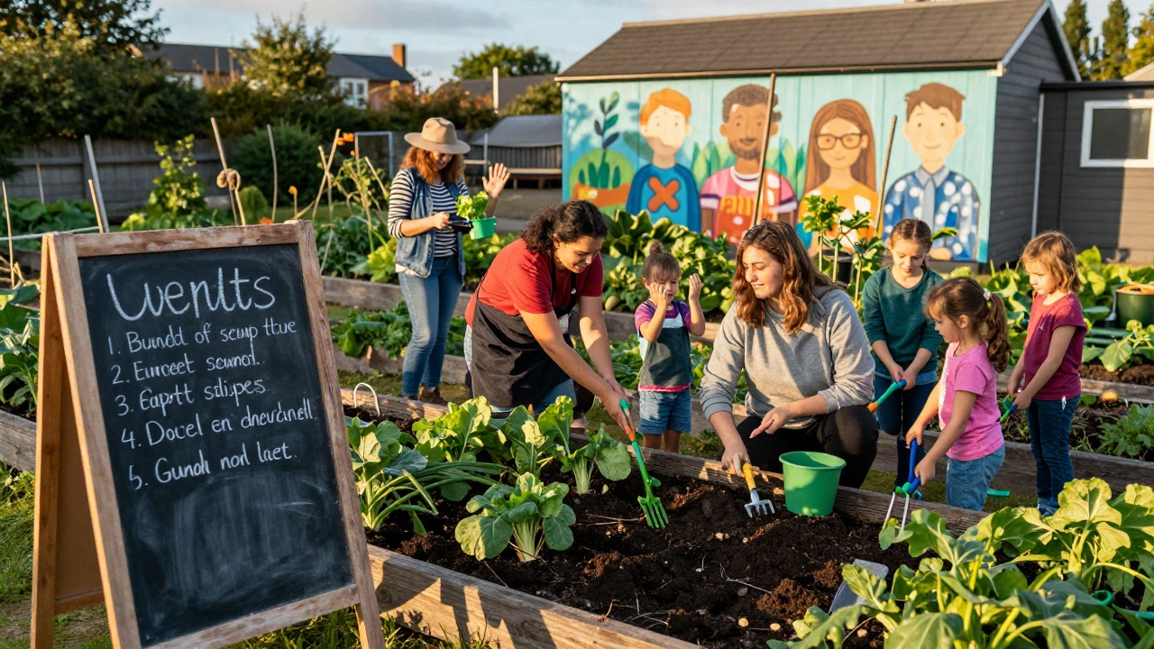 Neighbors of all ages working together in a thriving community garden with a chalkboard showing updates.