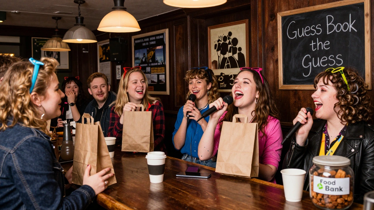 People in 90s costumes laughing at a book-guessing game with a donation jar on the bar.