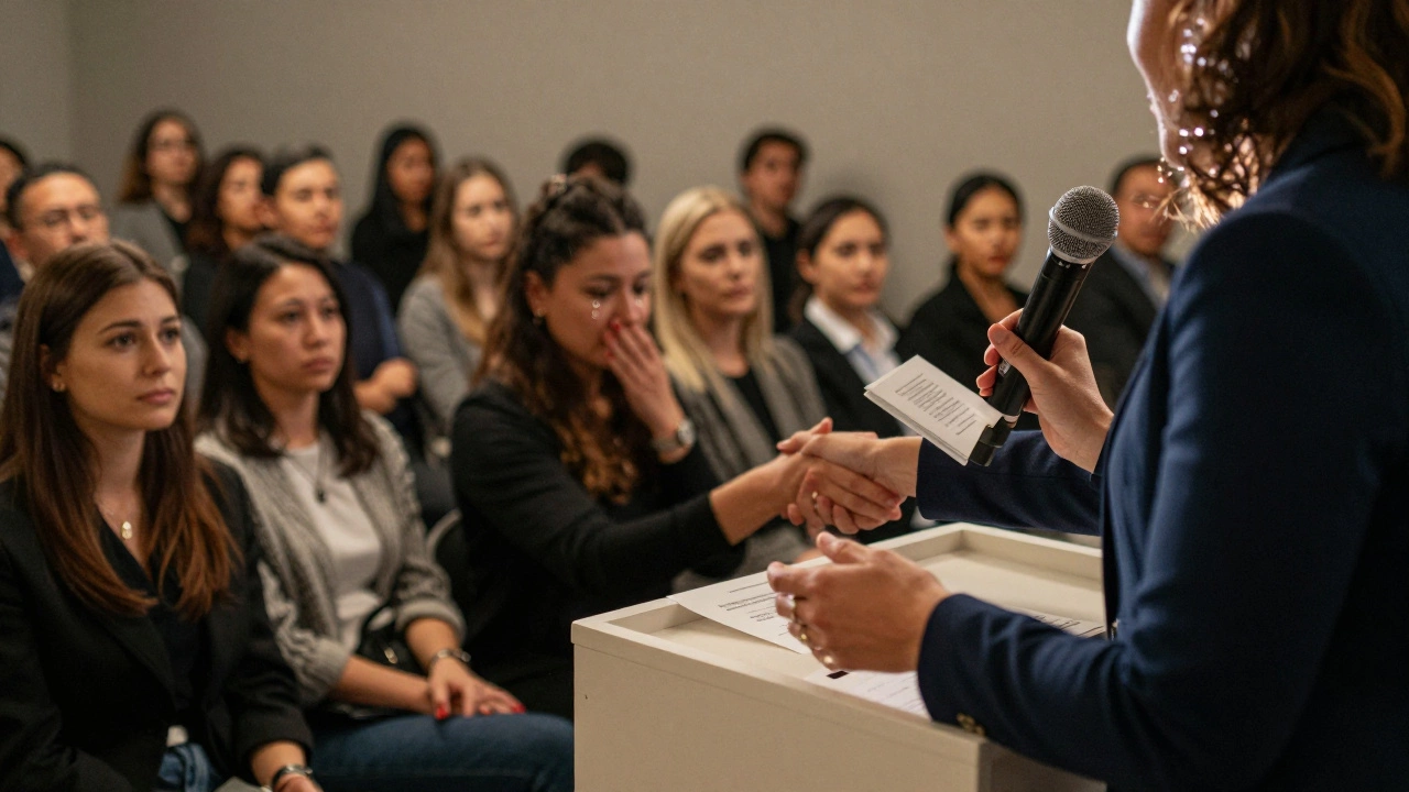 Speaker sharing emotional story at podium during charity event gathering