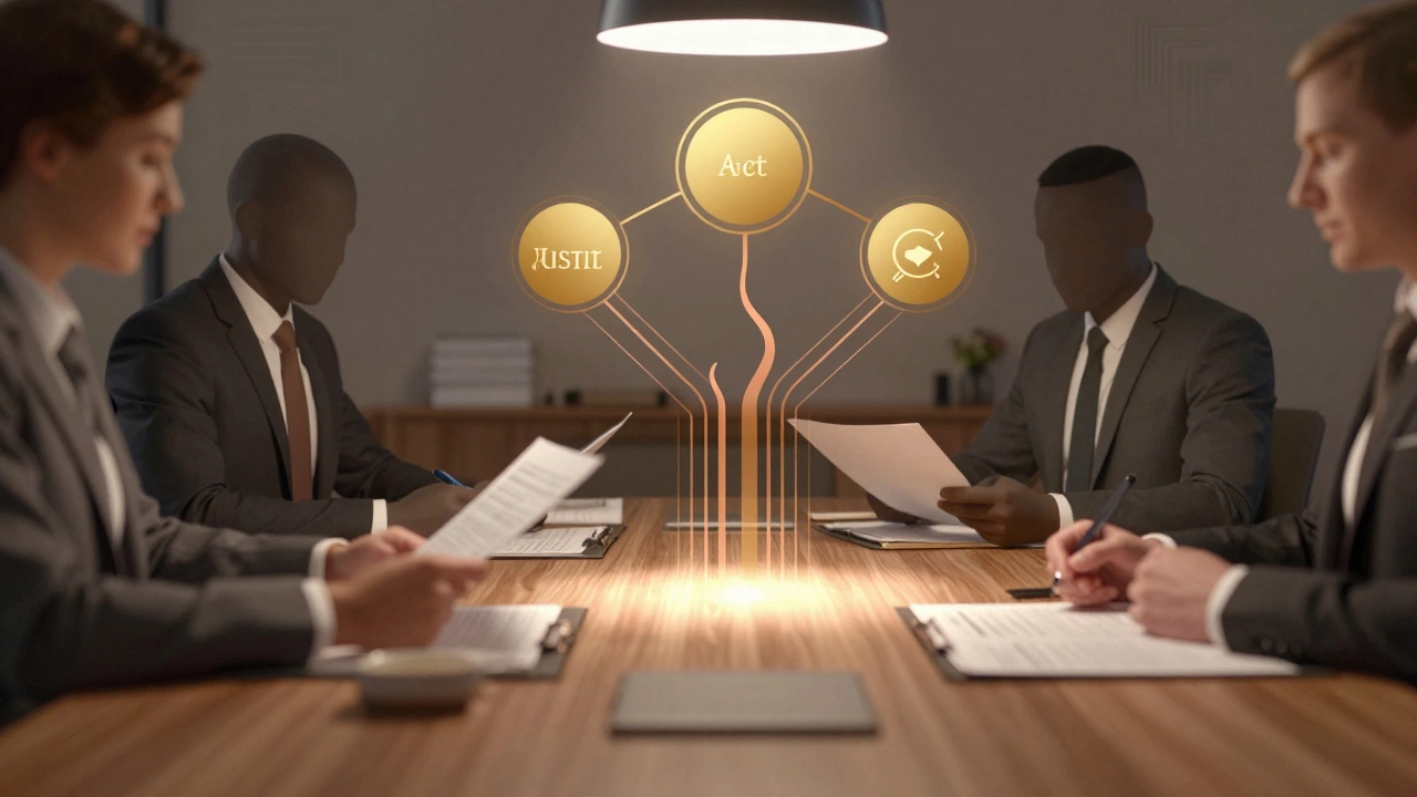 Trustees reviewing charitable compliance materials at conference table