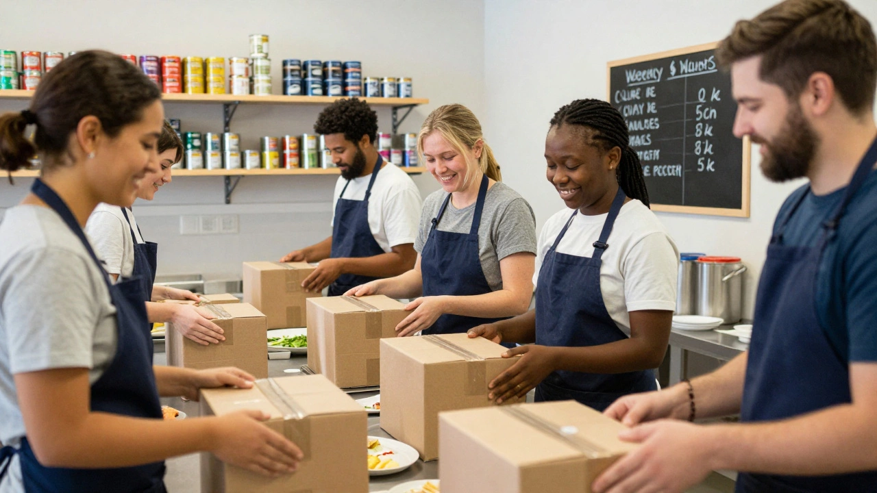 Volunteers packing meals together in a community kitchen, smiling as they work side by side.