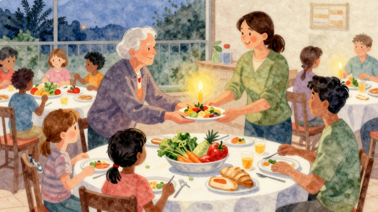 Watercolor illustration of diverse neighbors sharing a meal together warmly