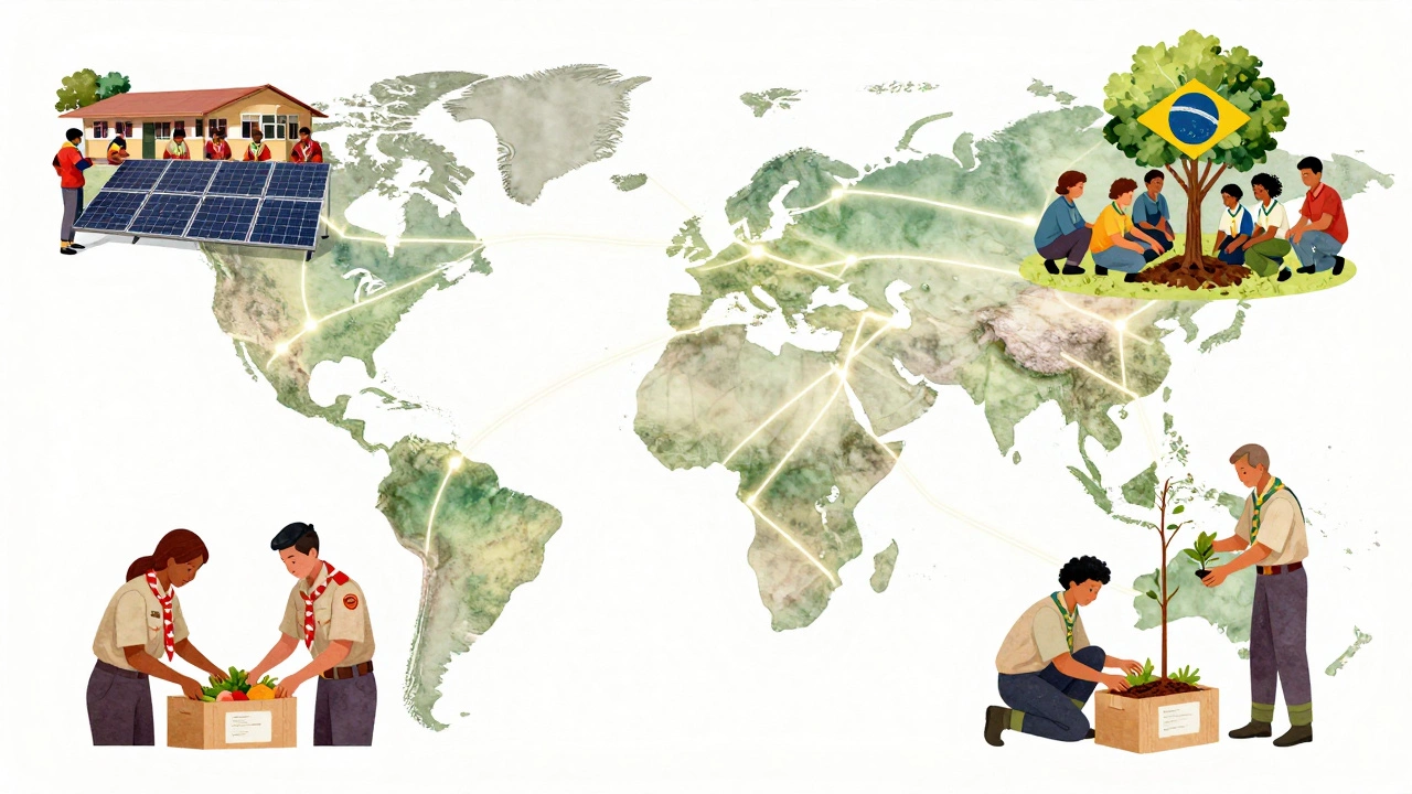 Youth across the world leading environmental and humanitarian projects connected by a glowing network