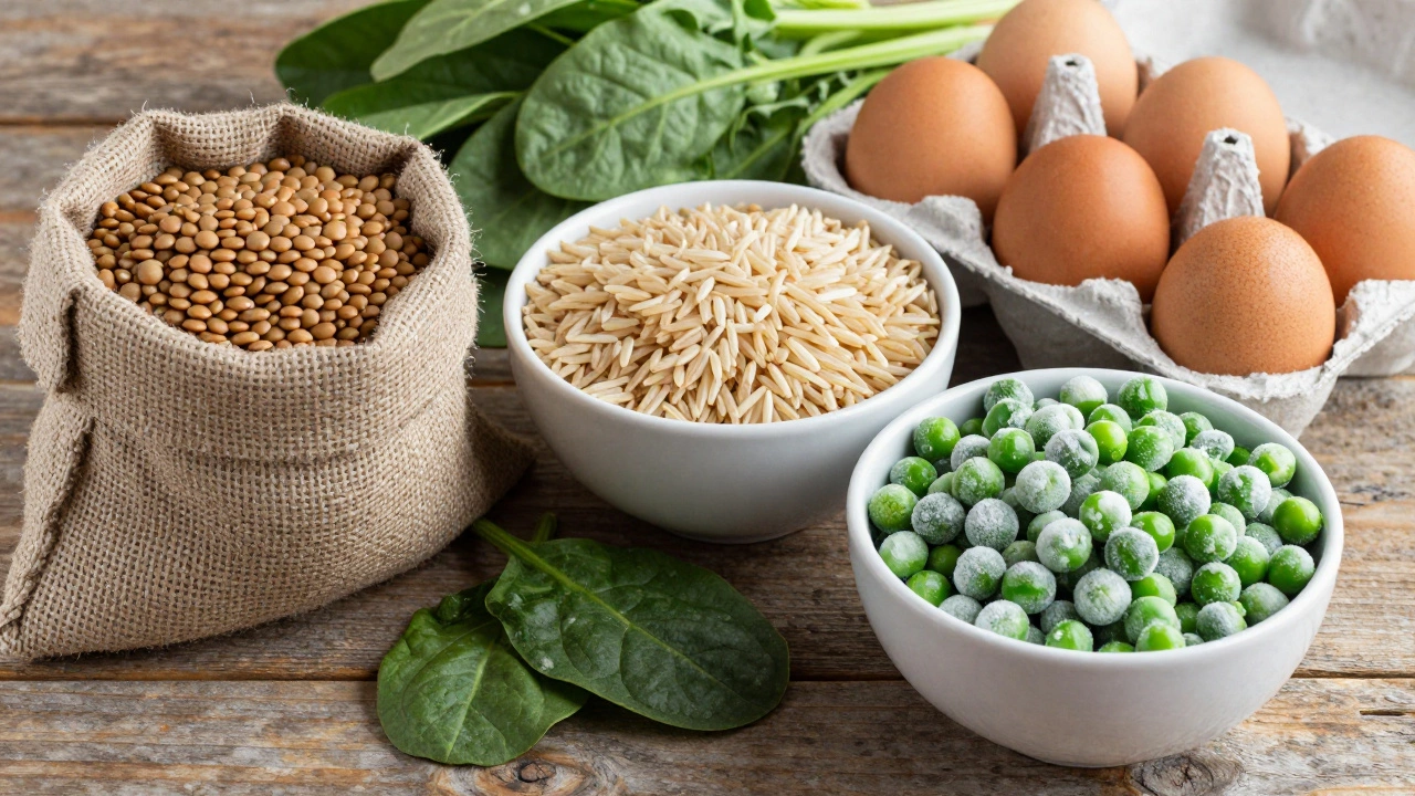 A collection of budget-friendly healthy staples including lentils, brown rice, eggs and frozen vegetables.