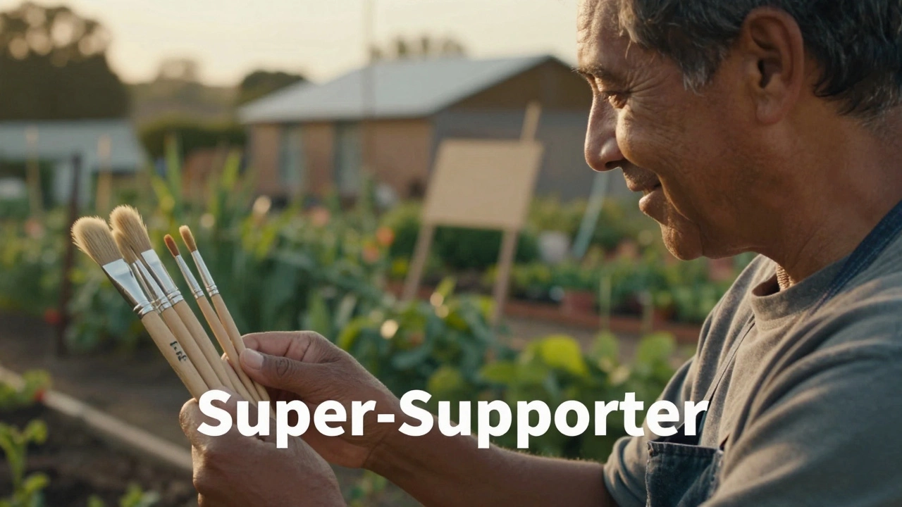 A proud volunteer holding new supplies in a community garden.