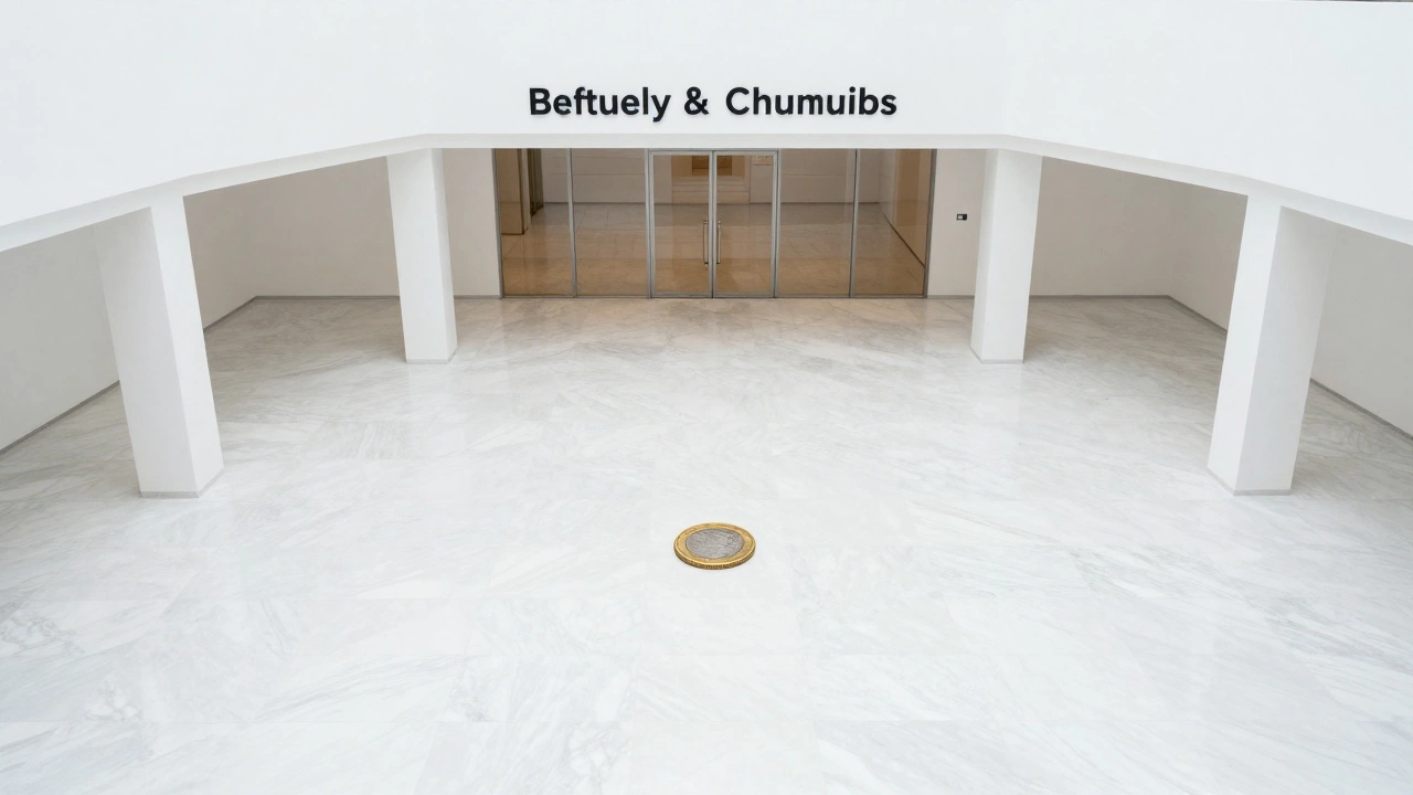 A single gold coin on a polished white marble floor in a minimalist museum gallery