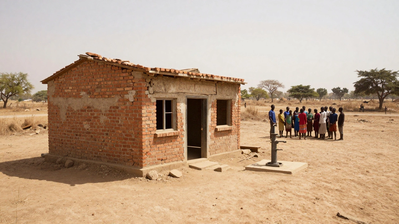A useless, crumbling brick building in a dry field while locals gather around a water pump.