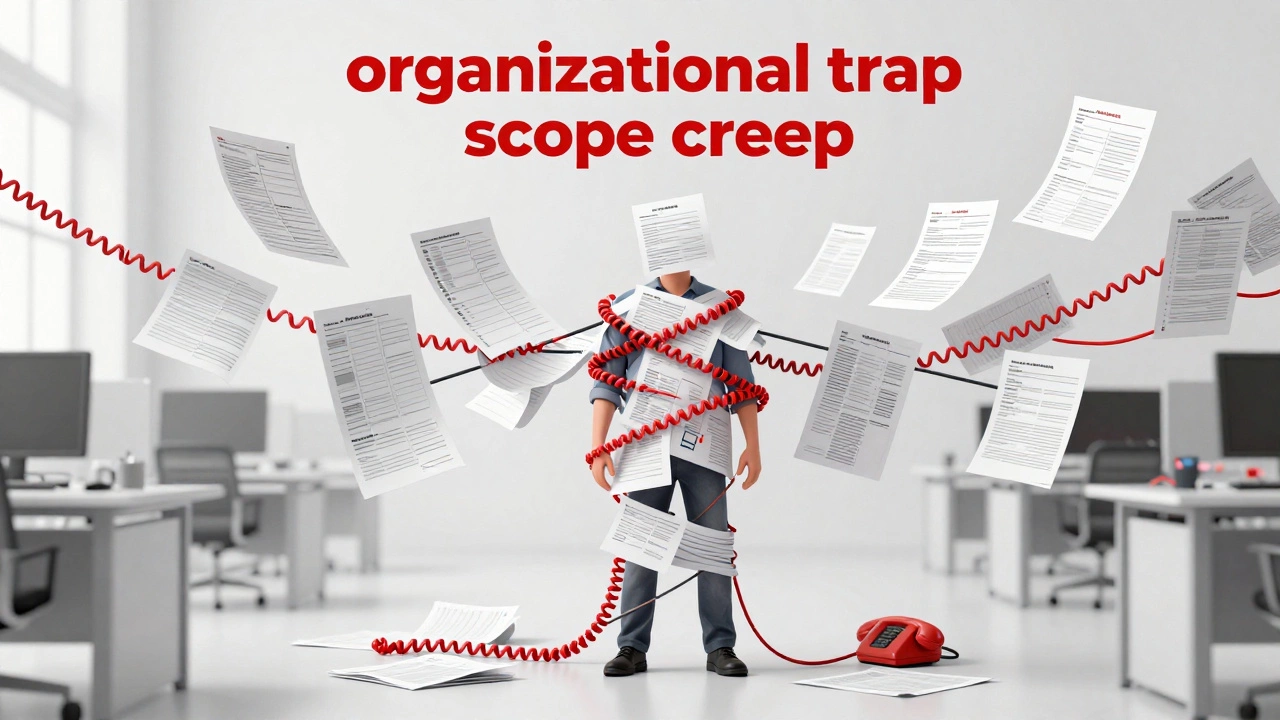 A volunteer entangled in a chaotic web of paperwork and checklists in a white office.