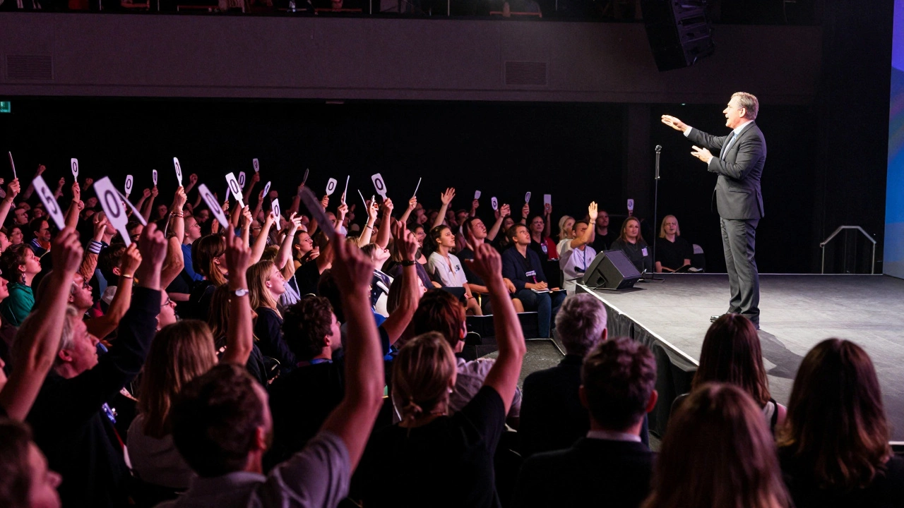 An energetic auctioneer on stage with guests raising numbered paddles during a live auction.