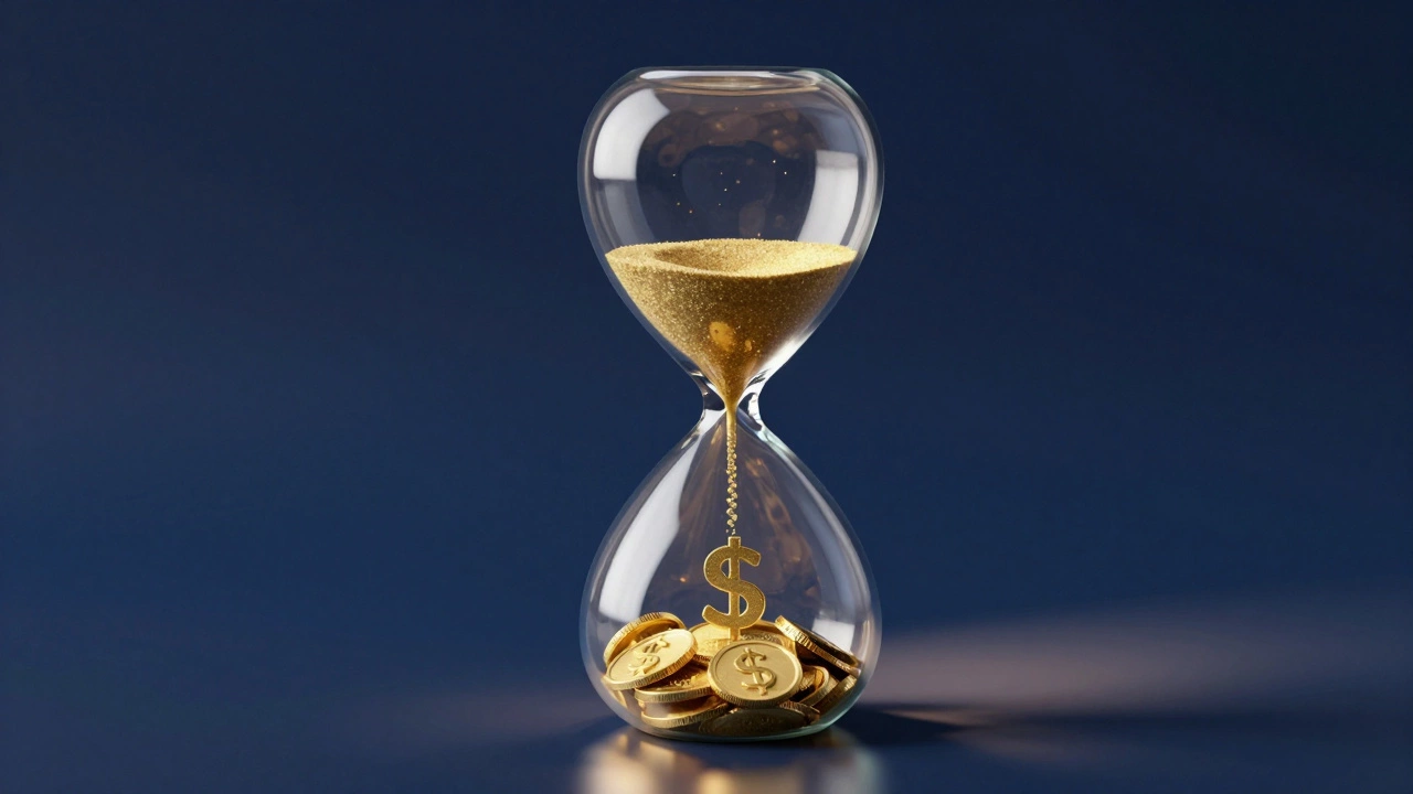 An hourglass with gold coins flowing out, symbolizing a depleting financial trust