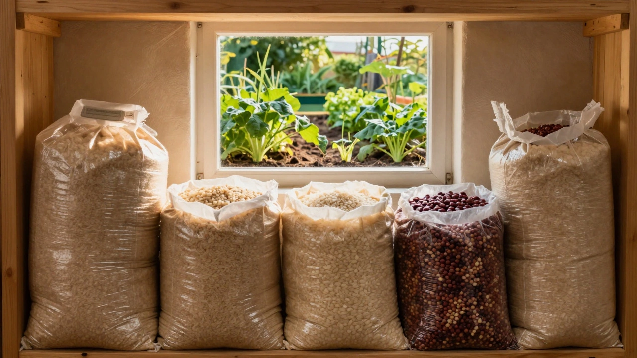 Bulk bags of rice and beans on a pantry shelf with a community garden visible through the window.