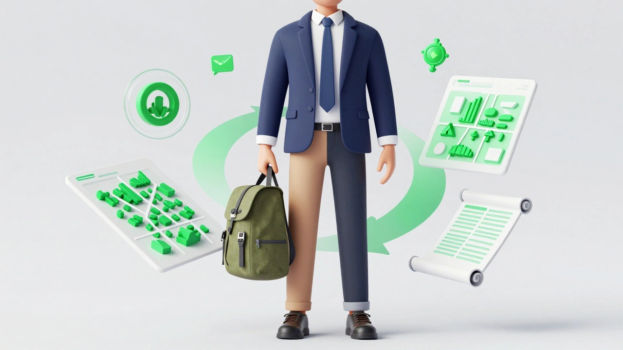 Conceptual 3D illustration of a professional fellow bridging corporate and volunteer roles.