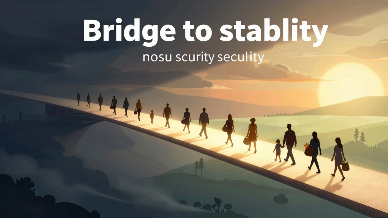 Conceptual art of people crossing a bridge from a stormy crisis to a sunny, stable future.