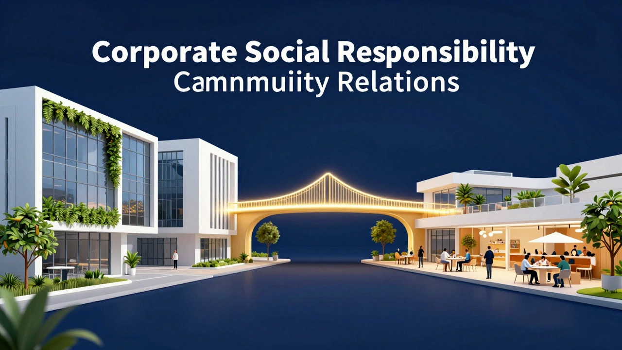 Conceptual illustration of a golden bridge connecting a sustainable corporate office to a community center.