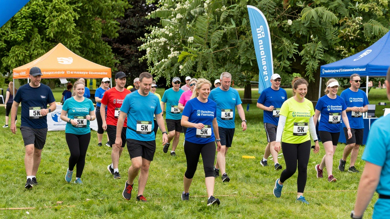 Diverse participants crossing the finish line of a community charity 5K run in a park.