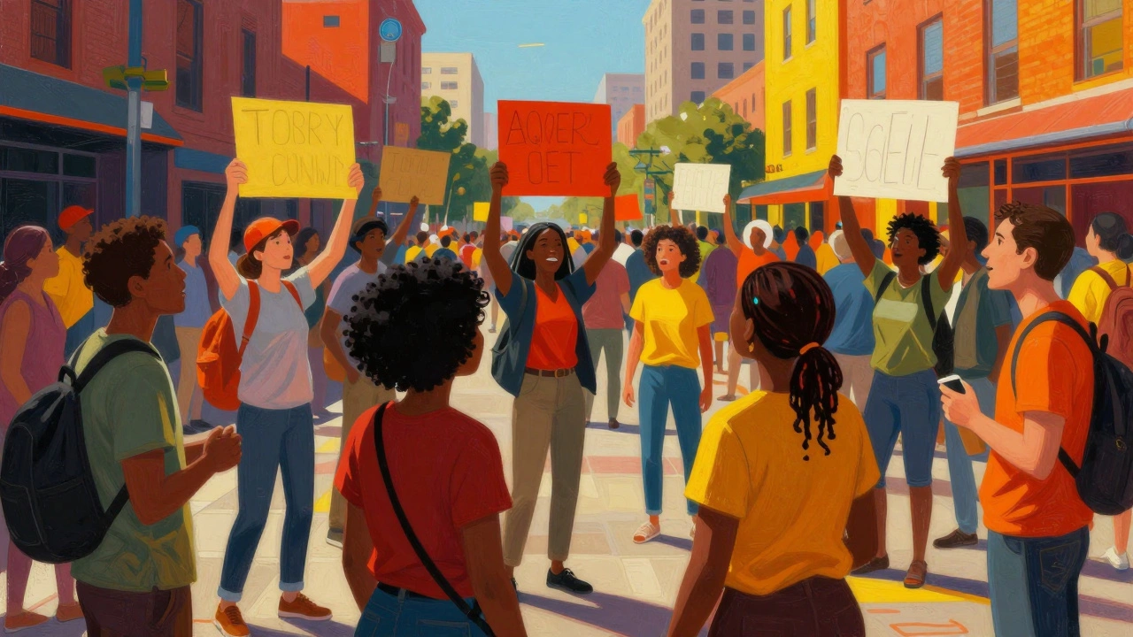 Passionate crowd of people gathering in a city square for a grassroots community movement.