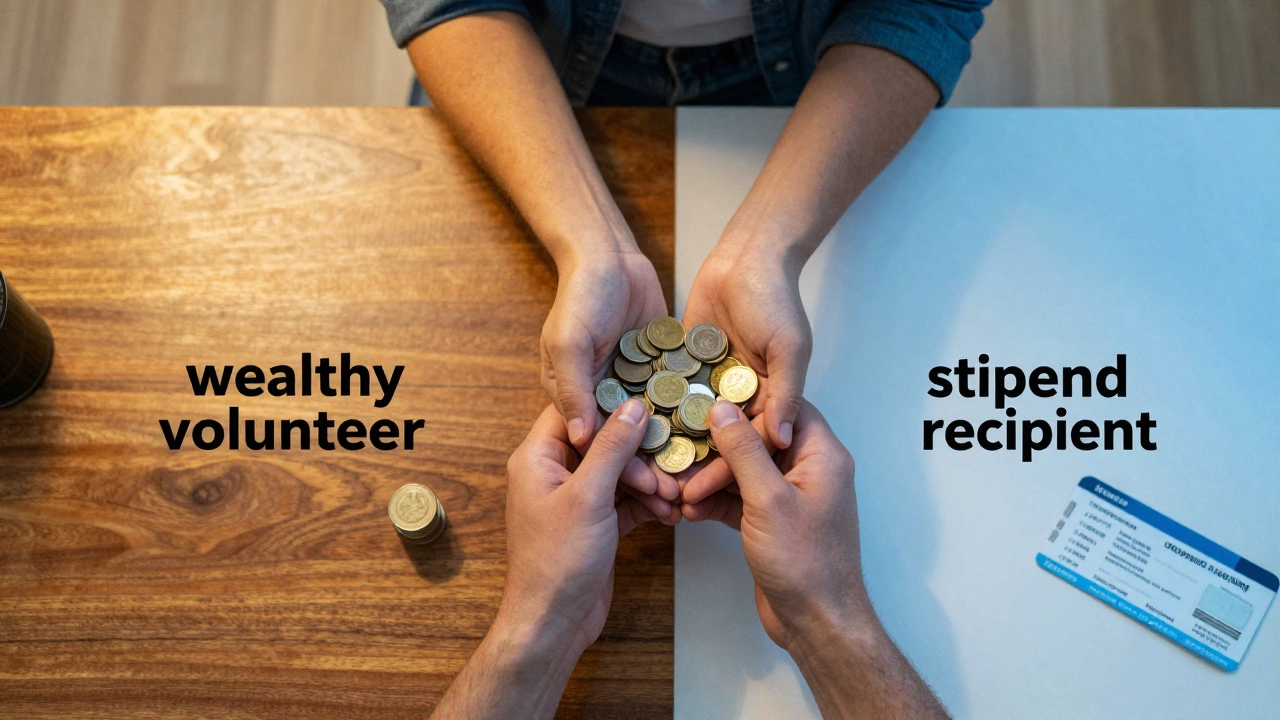 Split-screen image showing the contrast between wealthy and stipend-supported volunteers.