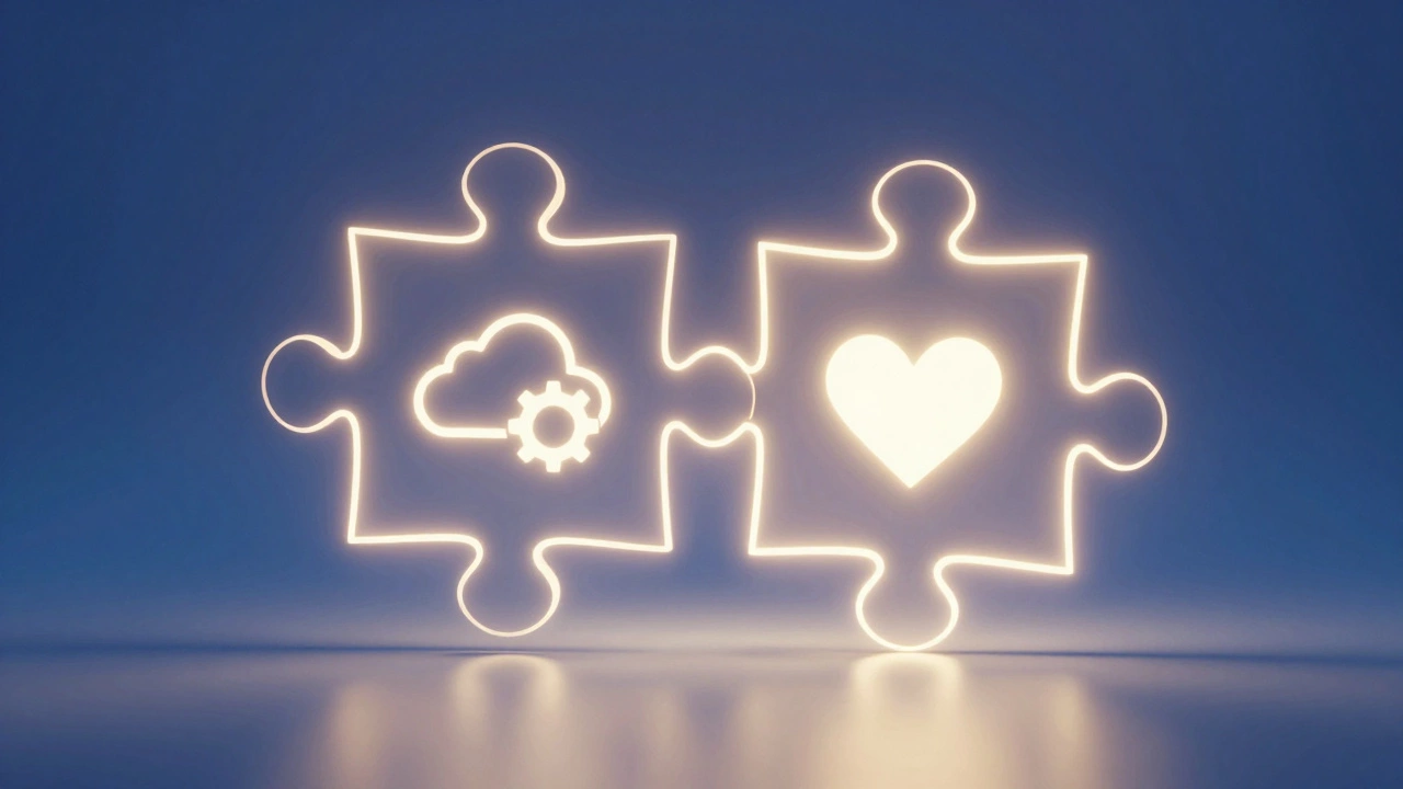 Two interlocking puzzle pieces symbolizing the match between skills and community needs.